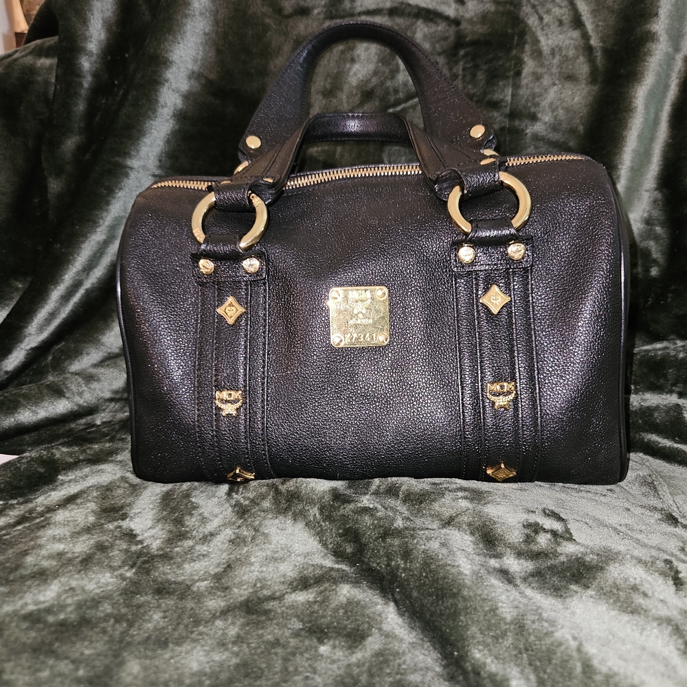 MCM Black Leather Satchel with Gold Details